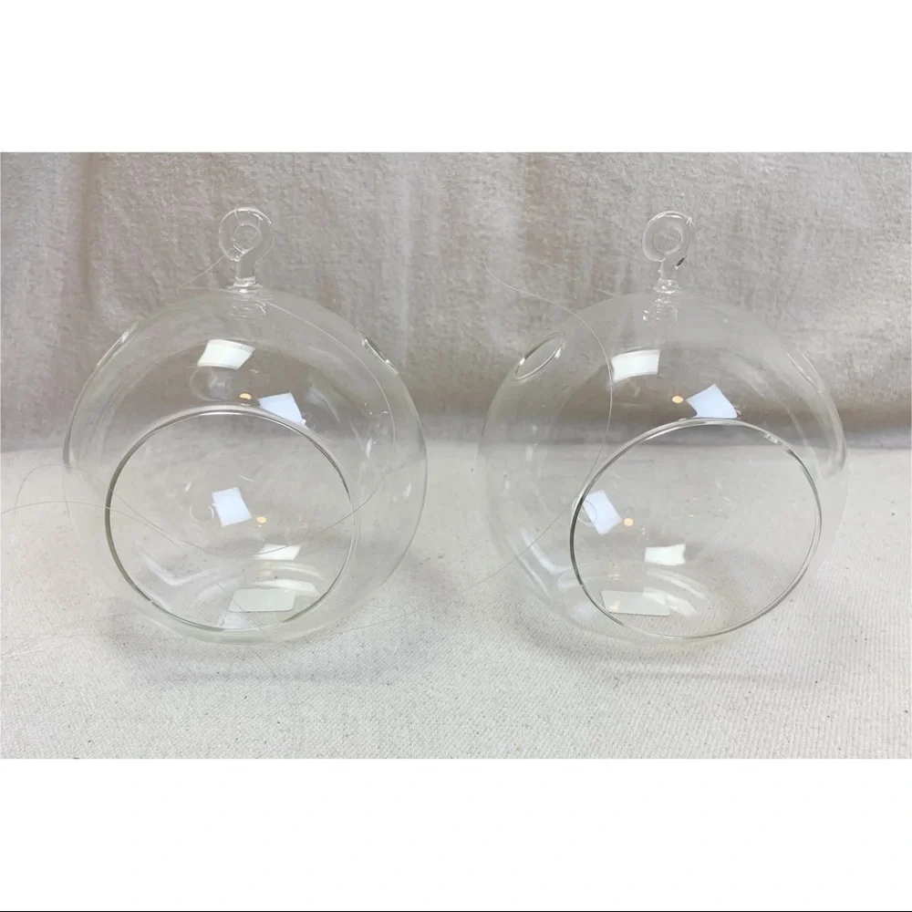 Pair CB2 Whirly Votive Holder Hanging Glass orb